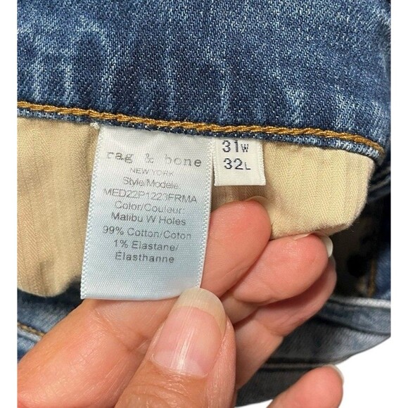 Rag & Bone Malibu With Holes  Fit 2 Slim Mens Jeans Sz 31x32 Blue Distressed - Picture 11 of 15